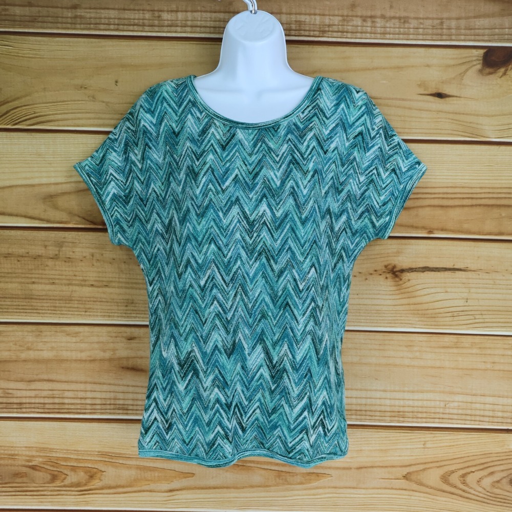 Dana Buchman Knit Top Womens Size XS Blue Green Geometric Sparkles Short Sleeves